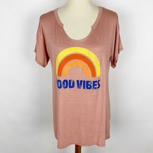 Zutter Good Vibes‎ Rainbow Notch Neck Slub Knit Graphic Tee Womens Medium Pink